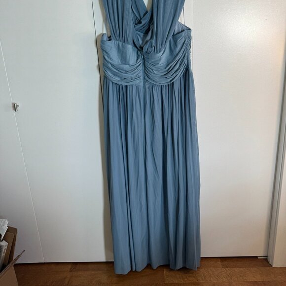 Little Mistress Plus size Bridesmaids Bardot Gathered Maxi Dress in Mesh - Blue - Picture 2 of 7